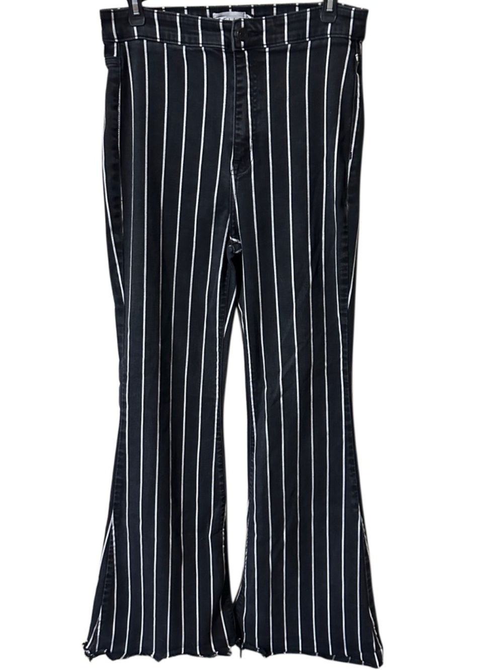 Cello Striped Flare Leg Pants Size 13 High Waisted Black White Raw Hem